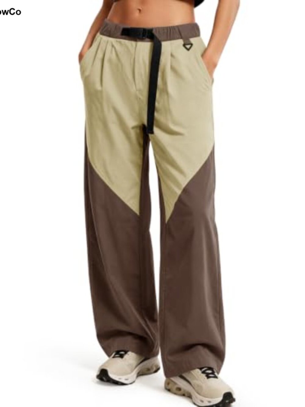 Womens Wide Leg Cargo Pants Color Block Belted High Rise Hiking Outdoor
